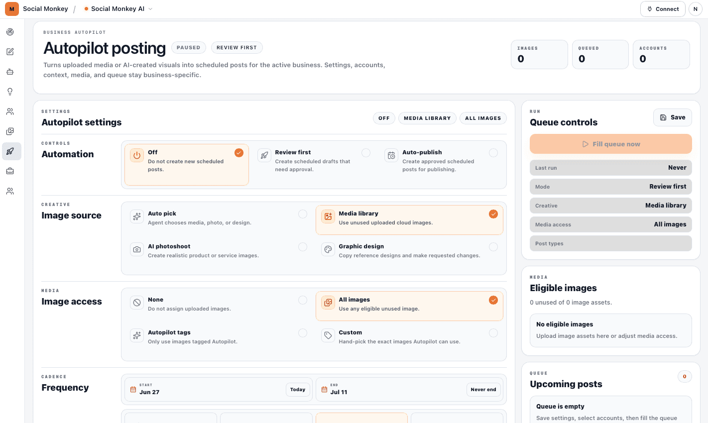 Social Monkey Autopilot settings with automation, media access, and queue controls.