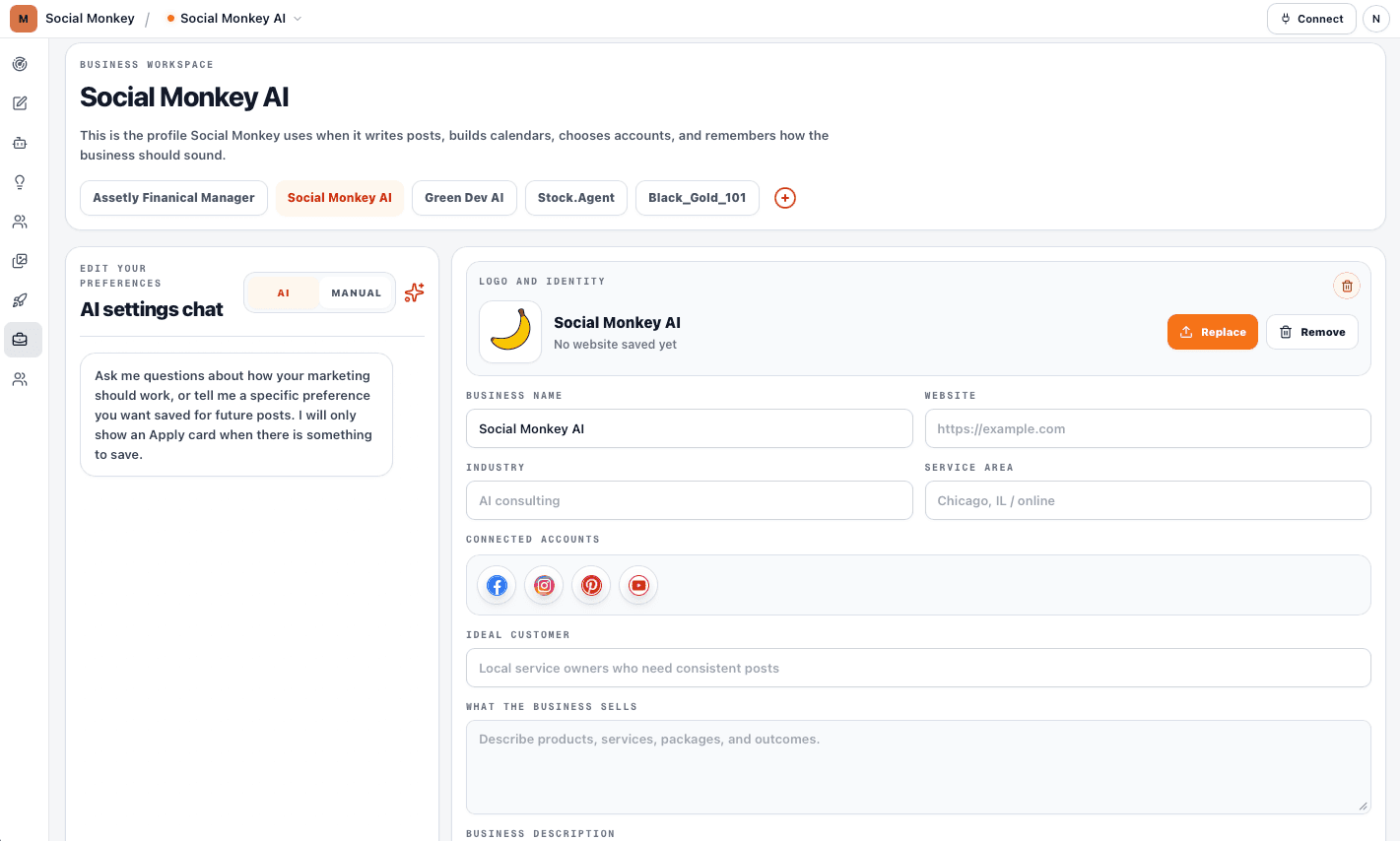 Social Monkey business AI settings page with business profile and AI settings chat.