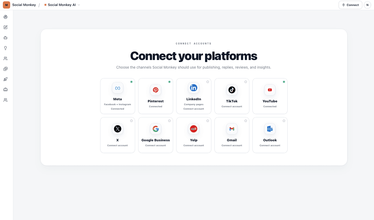 Social Monkey connect platforms screen with supported social channels.