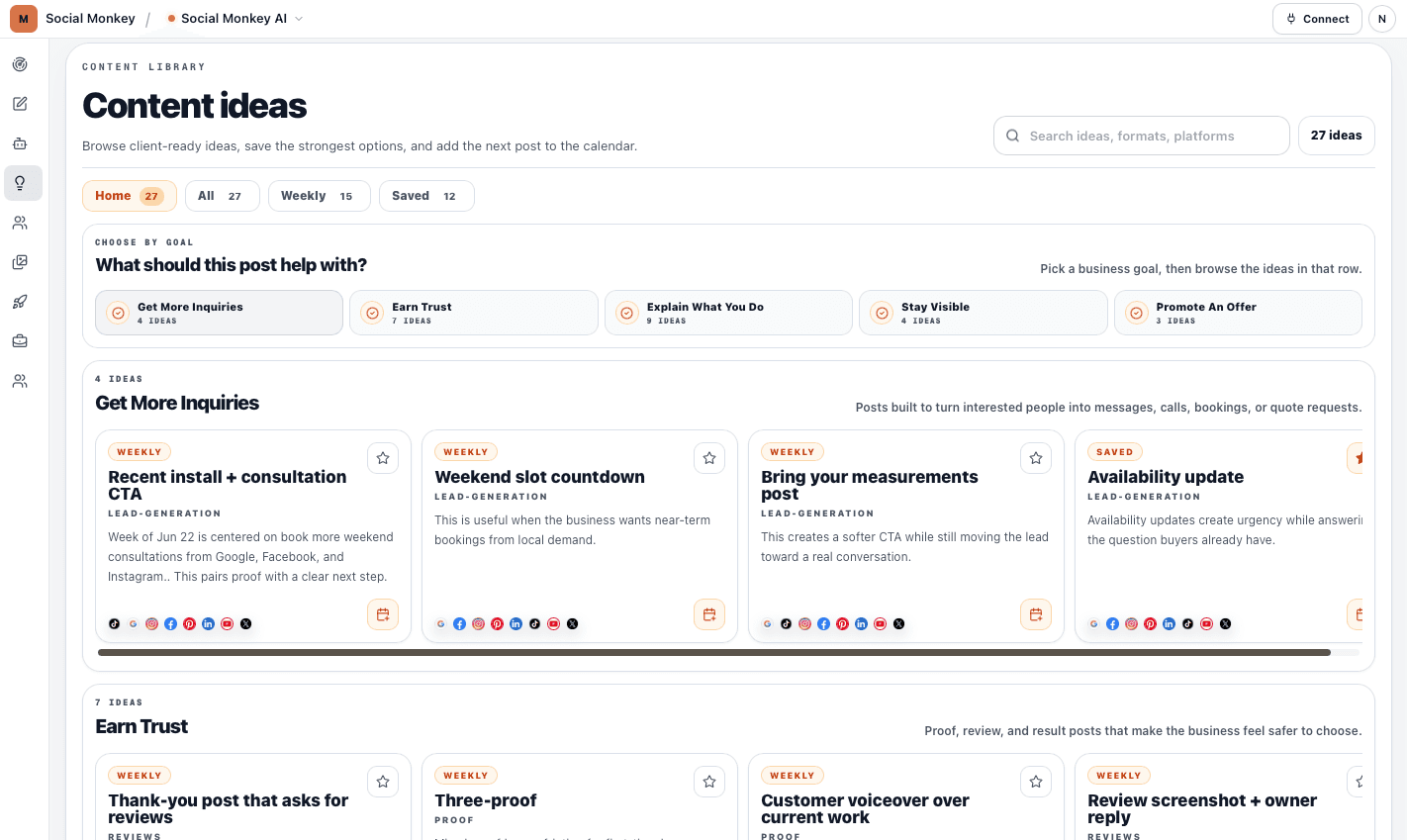 Social Monkey content ideas library with goal categories and post cards.