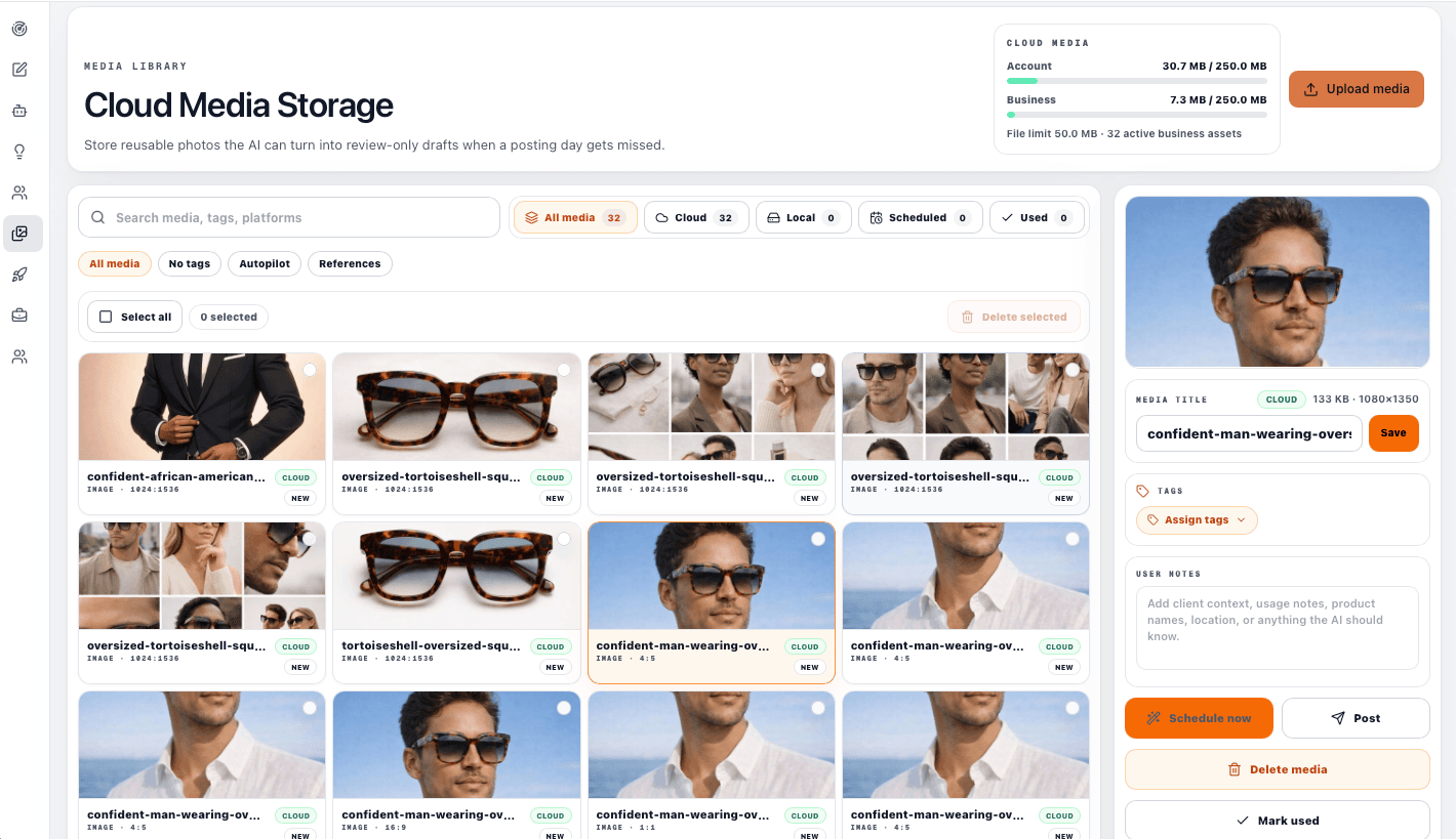 Social Monkey cloud media library with uploaded images and media controls.