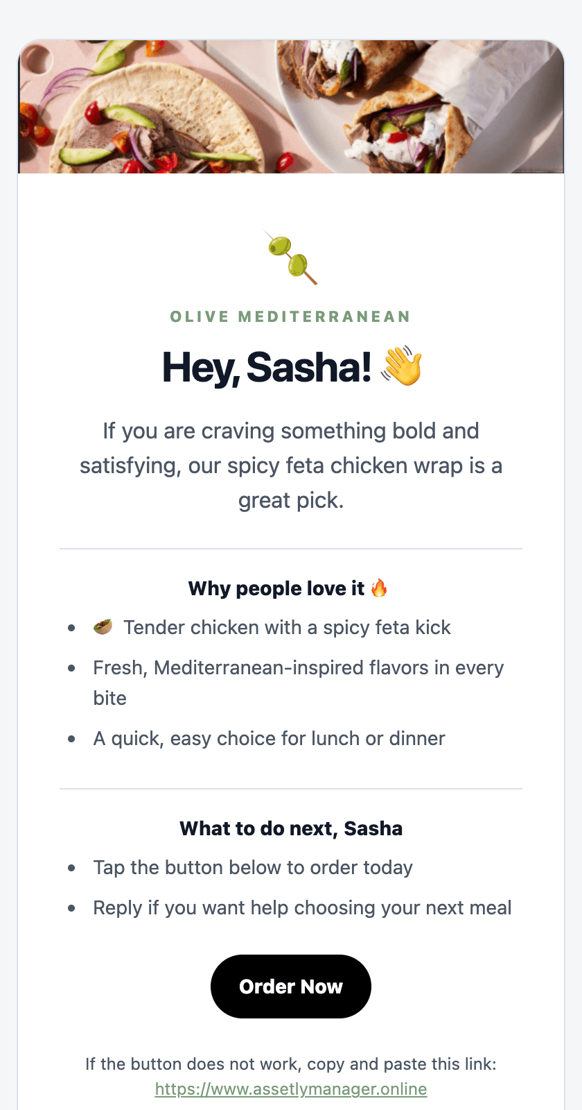 Spicy feta chicken wraps from Olive Mediterranean