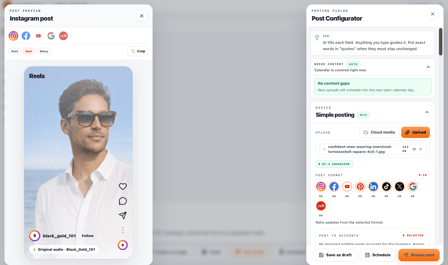 Social Monkey post configurator with an Instagram preview and posting fields.